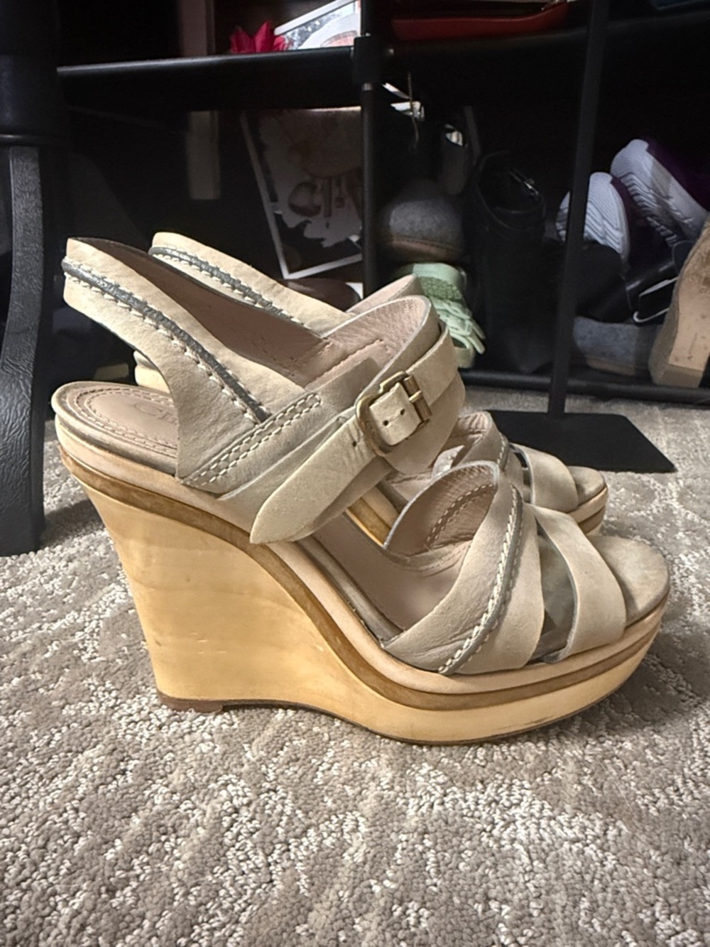 Chloé Neutral Leather Wedge Sandals | 5” Wooden Heel | Beige Strappy Platform - Picture 4 of 9